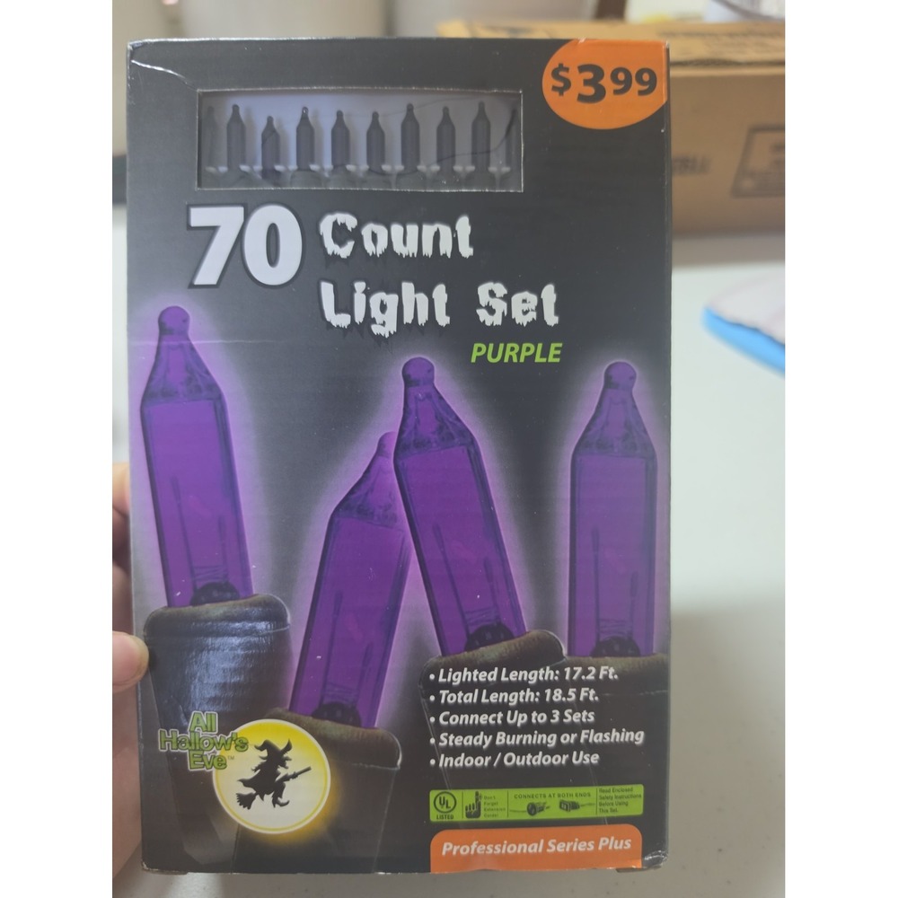 Nos All Hallow's Eve 70 Count Purple String Lights, Halloween Theme, Black Wire